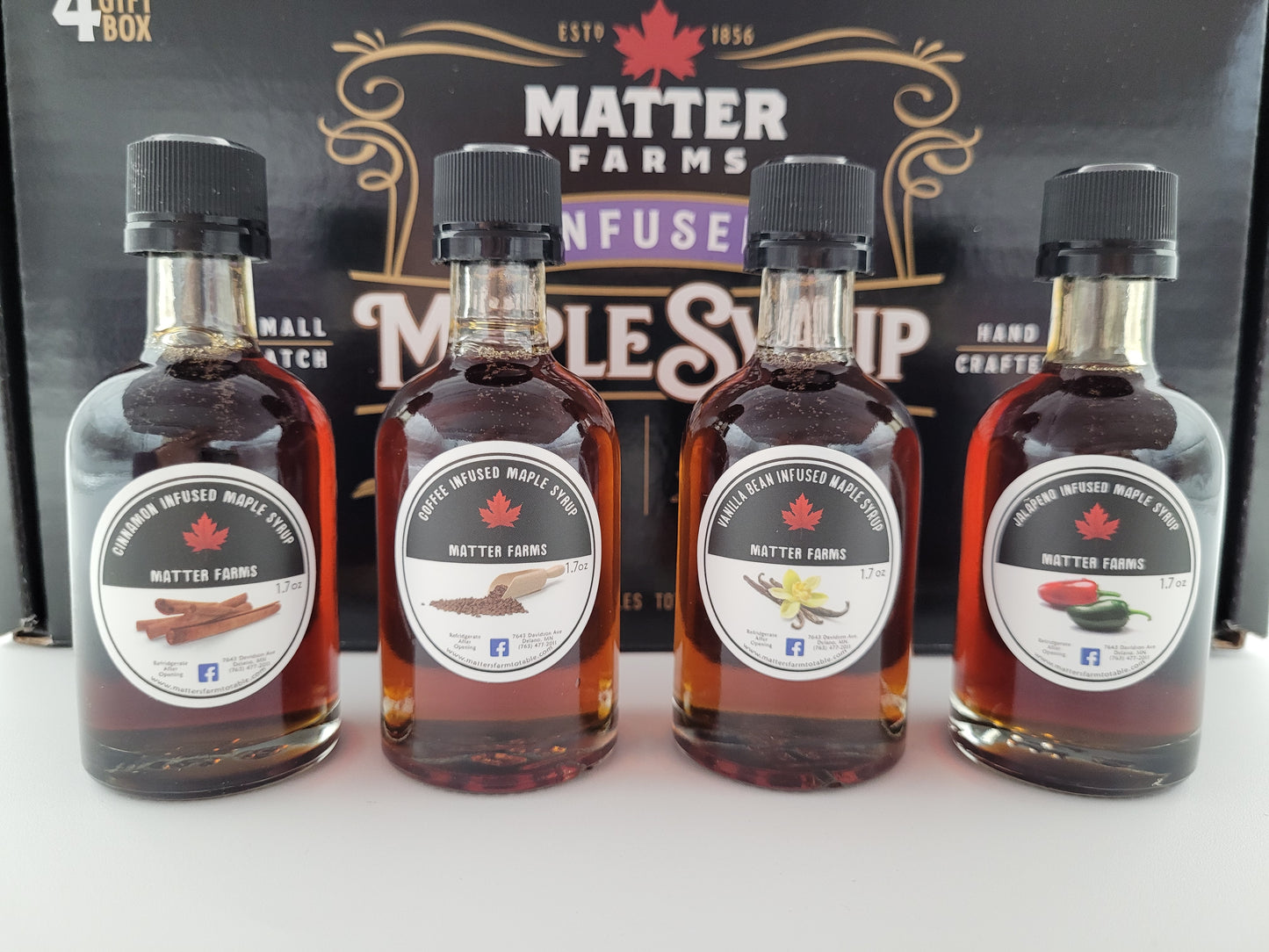 Gift/Sample 4 Pack - Infused Maple Syrups, Cinnamon, Coffee, Vanilla, and Jalapeno