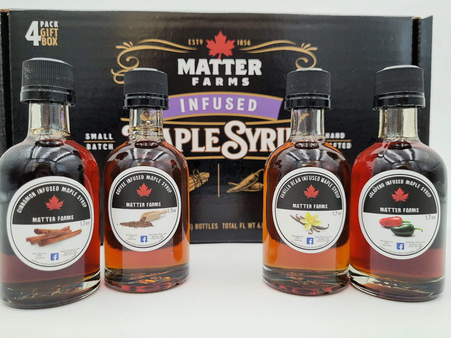 Gift/Sample 4 Pack - Infused Maple Syrups, Cinnamon, Coffee, Vanilla, and Jalapeno