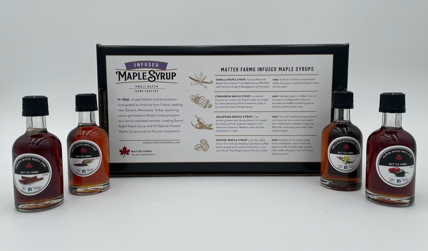 Gift/Sample 4 Pack - Infused Maple Syrups, Cinnamon, Coffee, Vanilla, and Jalapeno