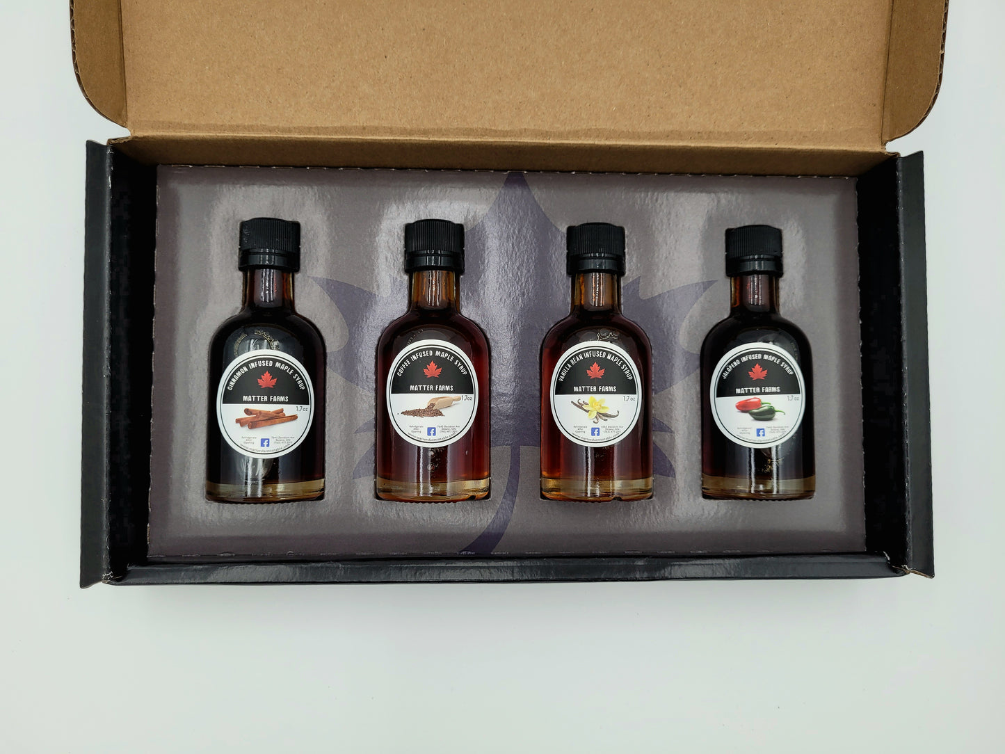 Gift/Sample 4 Pack - Infused Maple Syrups, Cinnamon, Coffee, Vanilla, and Jalapeno