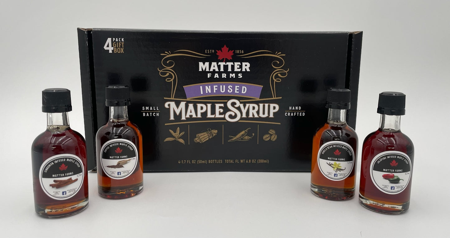 Gift/Sample 4 Pack - Infused Maple Syrups, Cinnamon, Coffee, Vanilla, and Jalapeno